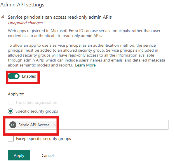 Configuring security groups that have access to the Fabric read-only APIs