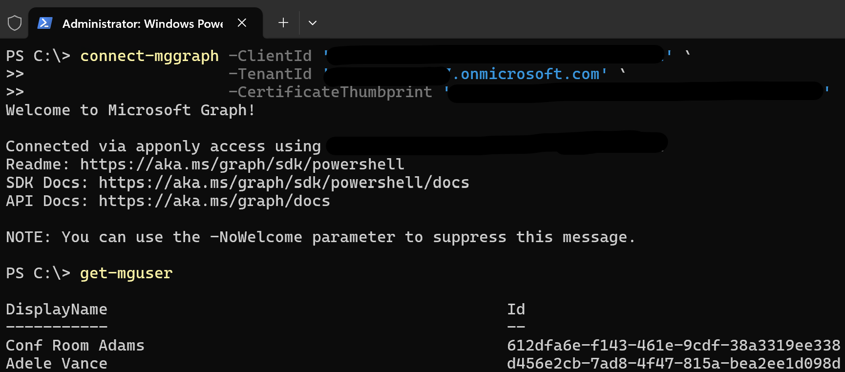 Connecting to Microsoft Graph via Microsoft Graph PowerShell SDK.