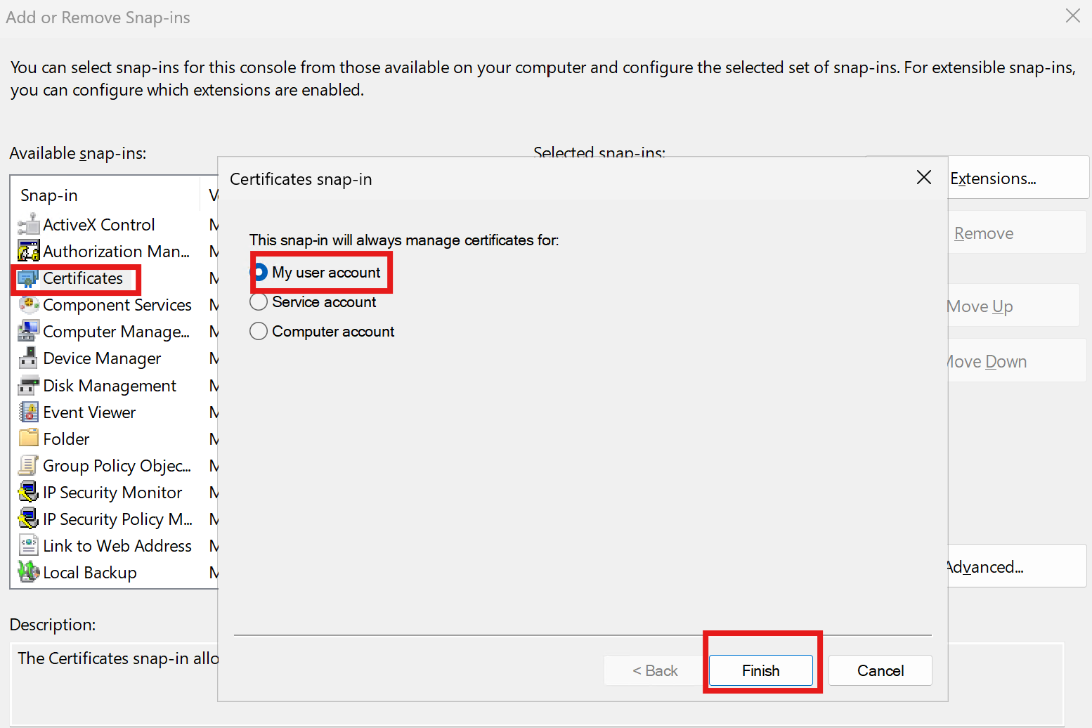 Selecting th user's certificate store for the local system.