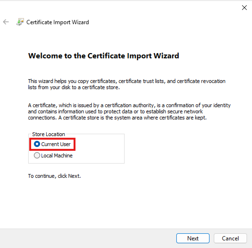 Installing the certificate's private key in the current user store.